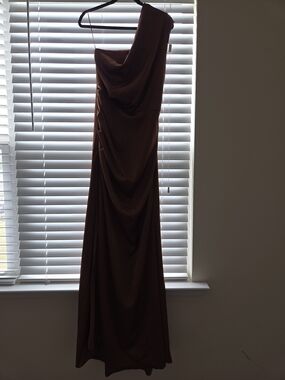 Fashion Nova Satin One-Shoulder Maxi Gown in Chestnut Brown